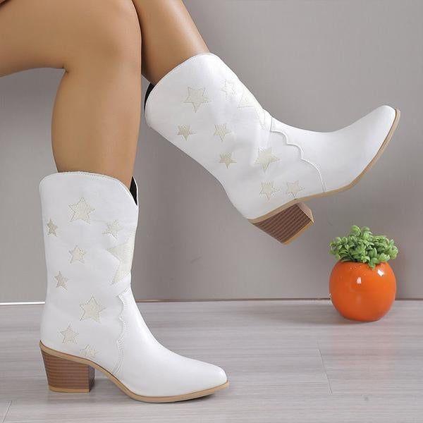 Women's Fashion Casual Star Chunky Heel Mid-calf Boots 79504262S