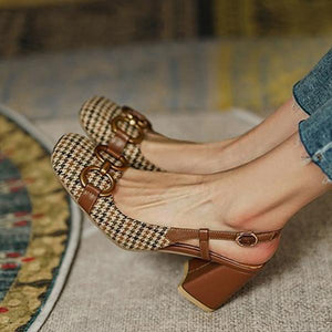Women's Vintage Plaid Square Toe Chunky Heel Sandals 54313958S
