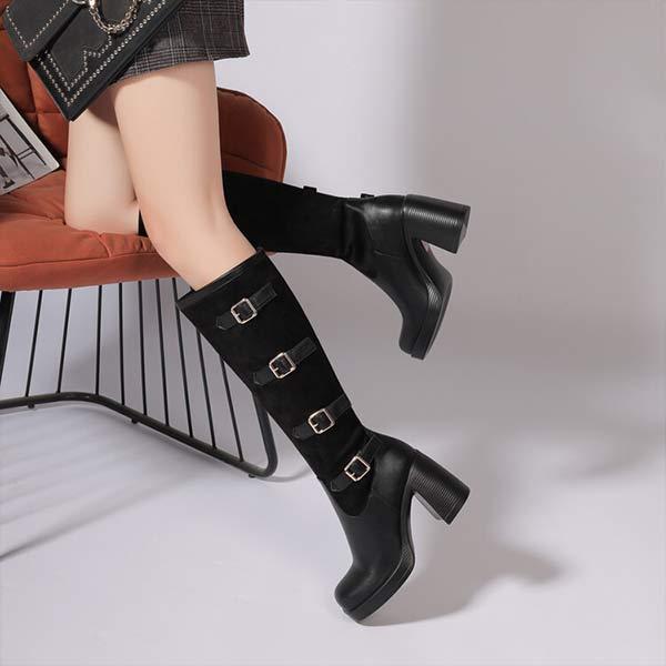 Women's Square-Toe High Heel Fashion Boots with Metal Buckle Detail 91720810C