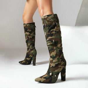 Women's Fashionable Camouflage Thick Heel Knee-High Boots 04793064S
