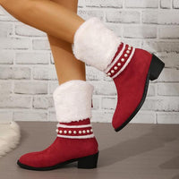 Women's Fashionable Pearl Plush Chunk Heel Mid-calf Boots 51697109S