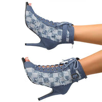 Women's Lace-Up Belt Buckle Small Checkered Denim Blue Sandals 36976940C