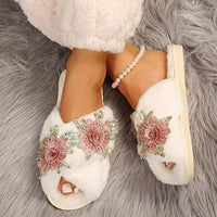 Women's Floral Embroidery Cross Strap Furry Slides 97757135C