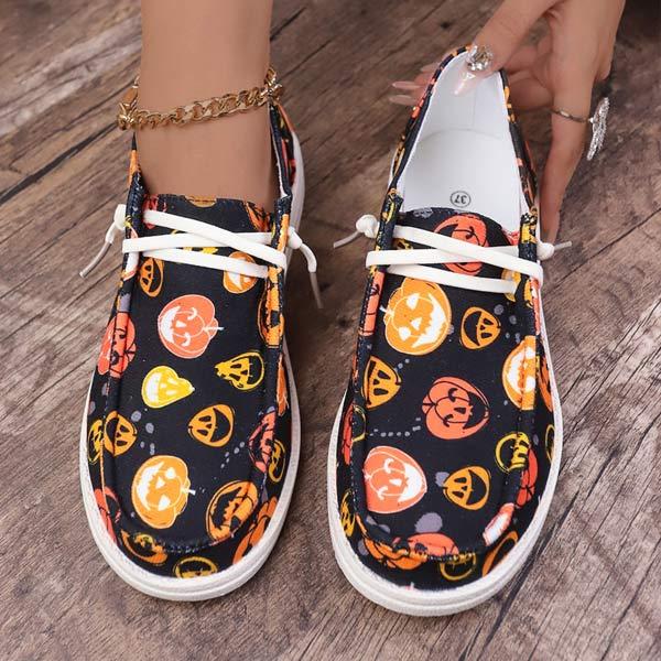 Women's Halloween Canvas Shoes Pumpkin Print Ghost Flat Casual Shoes 01044618C