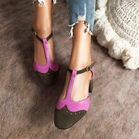 Women's Retro Colorblock T-shaped Buckle Heel Shoes 07288312S
