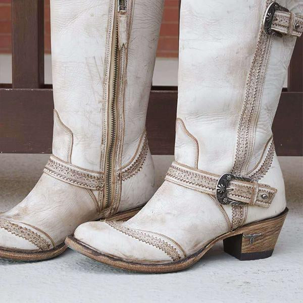 Women's Vintage Belt Buckle Chunky Heel High Boots 96956232S