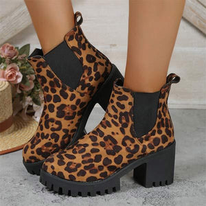 Women's Leopard Print Chunky Heel Short Boots 83295810C