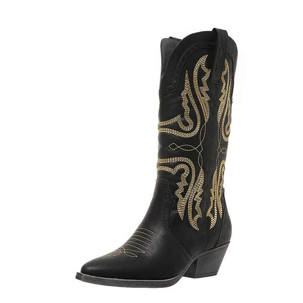 Women's Embroidered Chunky Heel Mid-Calf Boots 93259013C