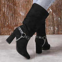 Women's Mid-Calf Suede Boots with Chunky Heel and Belt Buckle Detail 73313788C
