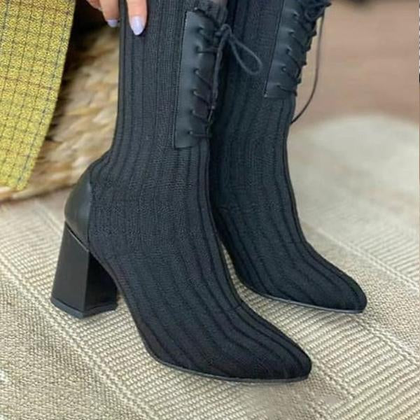 Women's Casual Flyknit Lace-Up Elastic Block Heel Boots 37558462S