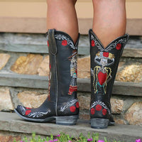 Women's Vintage Embroidered Flower Skull Mid Boots 43904696S
