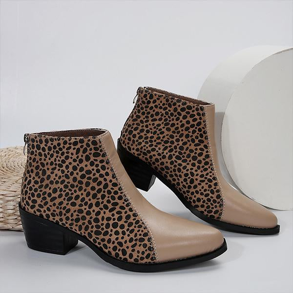 Women's Leopard Print Side Zipper Chunk Heel Ankle Boots 03590675S
