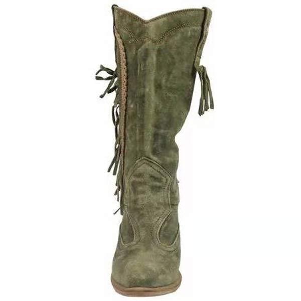 Women's Chunky Heel Mid-Calf Fringed Boots 38998114C