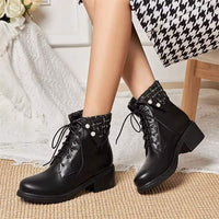 Women's Strap-Adorned Short Boots with Chunky Martin Heels 34837298C