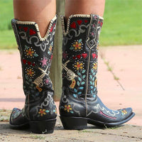 Women's Pointed Toe Low Heel Mid-Calf Boots with Embroidered Shaft 37889004C