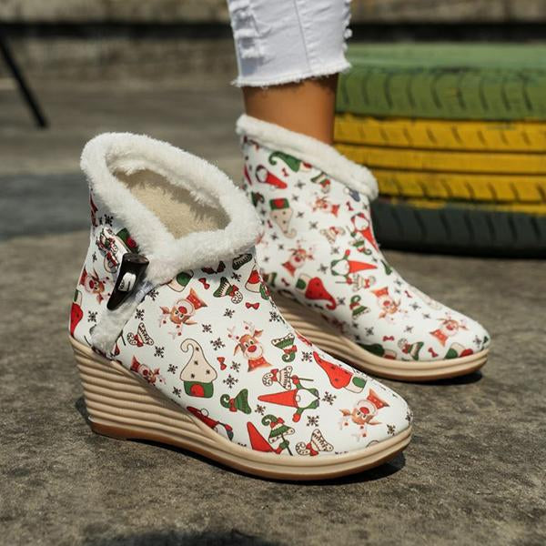 Women's Christmas Pattern Furry Wedge Cotton Shoes 00338968S