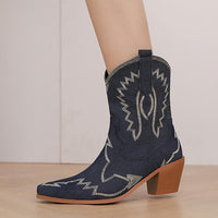 Women's Fashion Denim Embroidered Chunky Heel Booties 38966593S