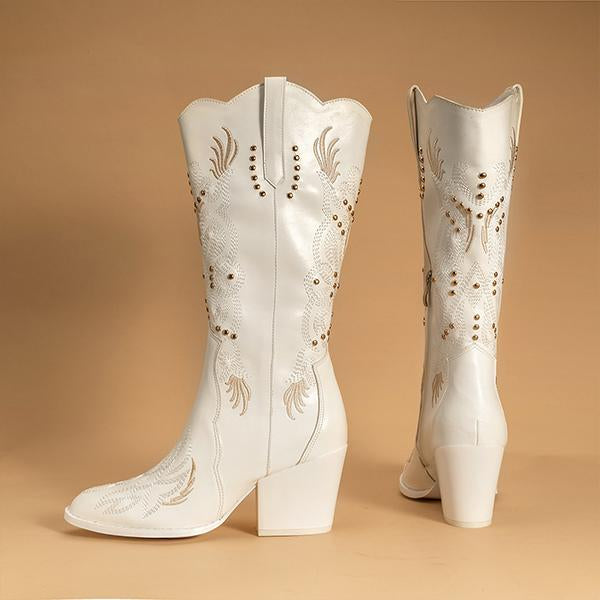 Women's Rivet Embroidered Mid-calf Rider Western Boots 99025364S