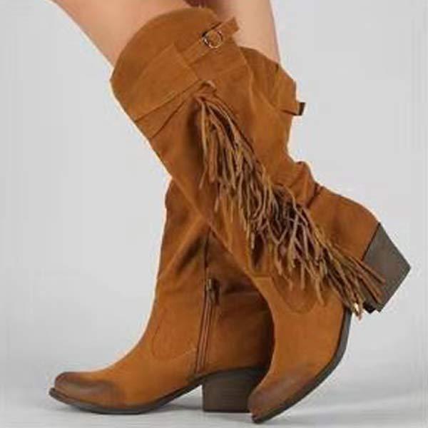 Women's Vintage Mid-Heel Frosted Fringe High Boots 94636837C