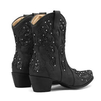 Women's Short Boots with Rhinestone Embroidery and Hollowed-Out Floral Design 90340382C