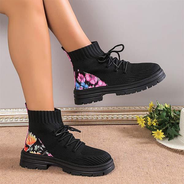 Women's Round-Toe Knit High-Top Sock Sneakers with Lace-Up Closure 14165321C