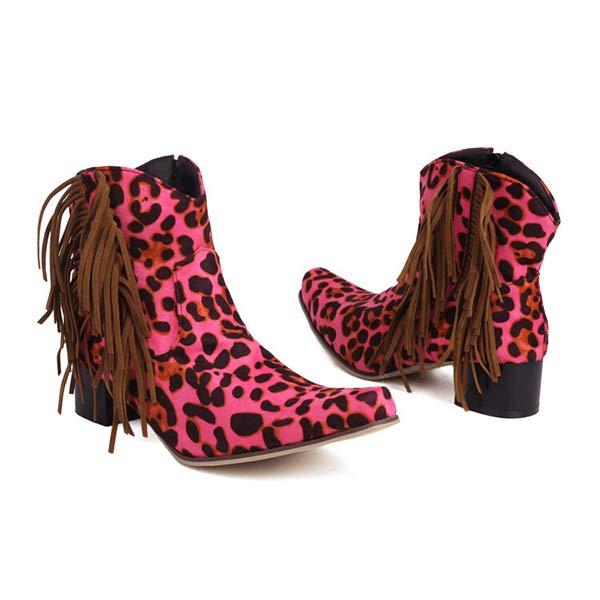 Women's Thick Heel Western Cowboy Boots Leopard Print Fringed Ankle Boots 80793402C