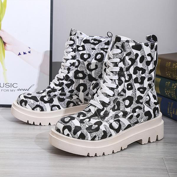 Women's Fashionable Leopard Print Square Heel Martin Boots 15962589S