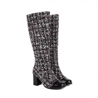 Women's Elegant Houndstooth Block Heel High Boots 13064853S