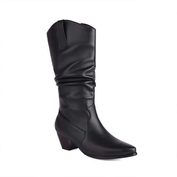 Women's Pleated Chunky Heel Mid-Calf Riding Boots 45641402C