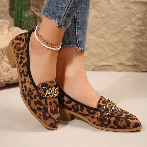 Women's Leopard Print Loafers with Metal Chain Detail 77535510C