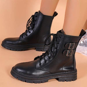 Women's Chunky Heel Motorcycle Boots with Thick Soles and Buckle Detail 29072852C