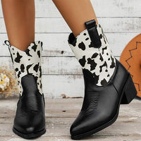 Women's Mid-Calf Chunky Heel Cow Print Riding Boots 68535383C
