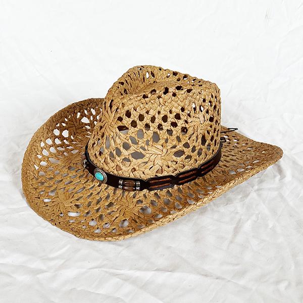 Cutout Visor Roll-Brim Western Cowboy Straw Hat 15251387C