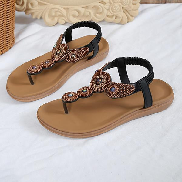 Women's Bohemian Rhinestone Elastic Strap Flat Sandals 36261585S