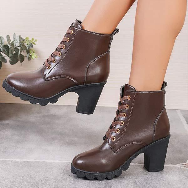 Women's Round-Toe Lace-Up Chunky Heel Ankle Boots 18272925C