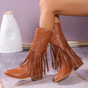 Women's Fashionable Tassel Block Heel Western Boots 80589595S