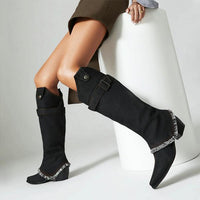 Women's Belt Buckle Tassel High Block Heel Cowboy Boots 51500261S