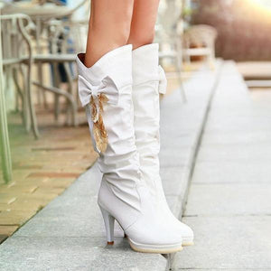 Women's Casual Bow Tassel Stiletto Heel Knee-High Boots 12807024S