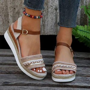Women's Linen Wedge Sandals with Fish Mouth Design 98756623C