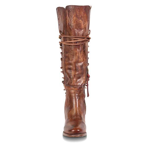 Women's Vintage Side Zipper Round Toe Chunky Heel Knee-High Boots 41284075C
