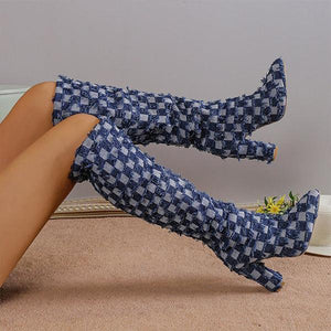 Women's Fashionable Block Heel Plaid Tassel High Boots 17502482S