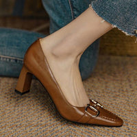 Women's Retro Square Toe Metal Buckle Chunky Heels 31611612C
