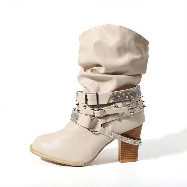 Women'S Chunky Heel Rhinestone Belt Buckle Round Toe Boots 02680696C