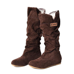 Women's Retro Casual Suede Pleated Flat Mid-Calf Boots 07664635S