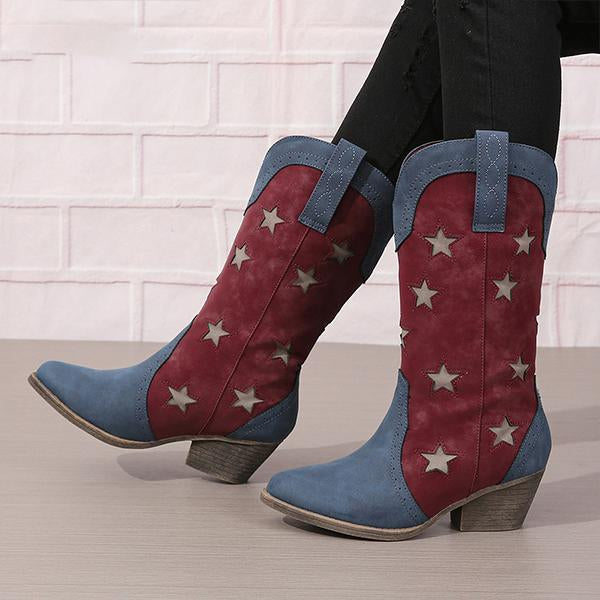 Women's Retro Star Color Block Heel Western Boots 53537971S