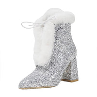 Women's Fashionable Sequined Plush Block Heel Ankle Boots 86135112S