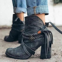 Women's Vintage Round Toe Chunky Heel Fringed Ankle Boots 38661366C