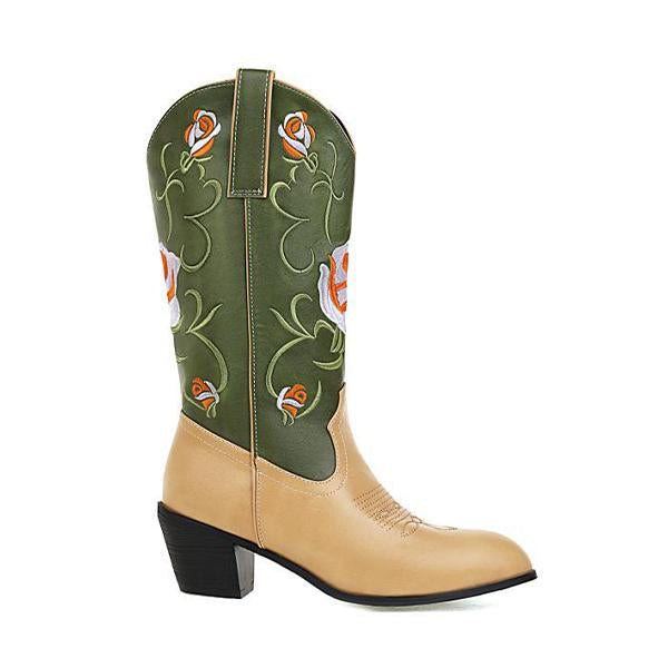 Women's Retro Embroidered Colorblock Mid-calf Boots 04169225S