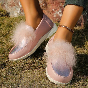 Women's Casual Pink Slip-On Furry Flats 93707845S