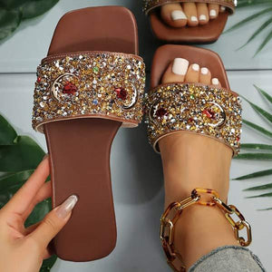 Women's Flat Sandals with Full Rhinestone Embellishments 34810872C